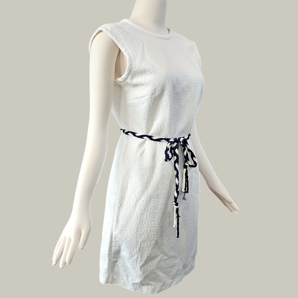 Vintage 1960's Dress Shift White Blue White Braided Belt Sleeveless Retro Pinup‎